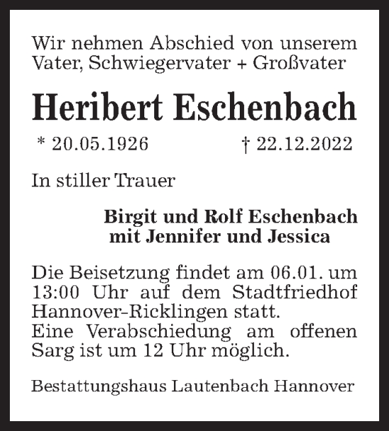 Traueranzeige von Heribert Eschenbach von Hannoversche Allgemeine Zeitung/Neue Presse