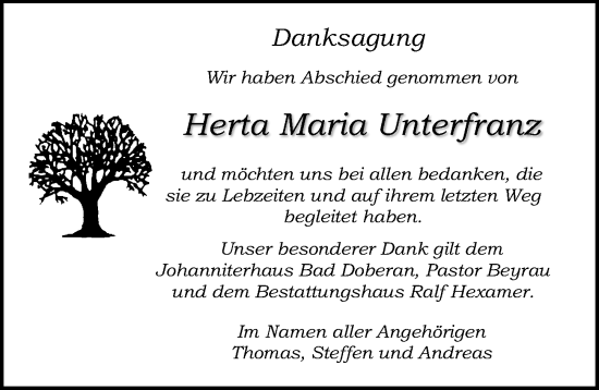 Traueranzeige von Herta Maria Unterfranz von Ostsee-Zeitung GmbH