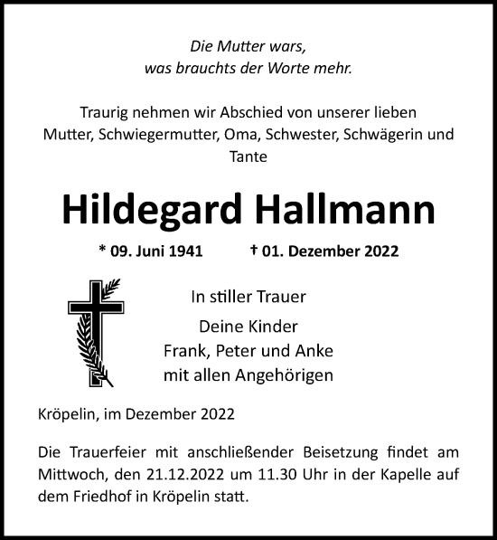 Traueranzeige von Hildegard Hallmann von Ostsee-Zeitung GmbH