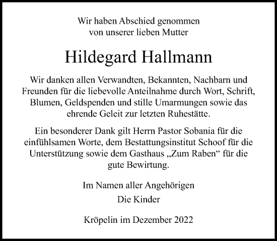 Traueranzeige von Hildegard Hallmann von Ostsee-Zeitung GmbH