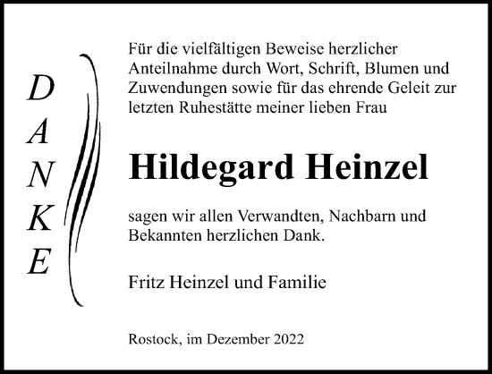 Traueranzeige von Hildegard Heinzel von Ostsee-Zeitung GmbH