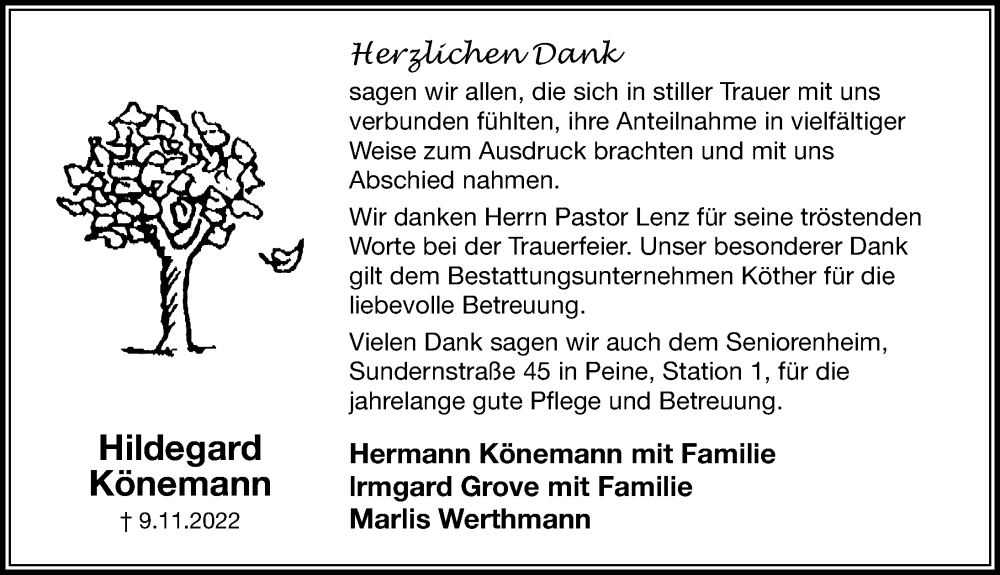 Traueranzeige für Hildegard Könemann vom 10.12.2022 aus Peiner Allgemeine Zeitung