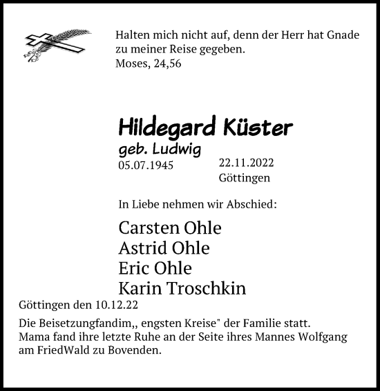 Traueranzeige von Hildegard Küster von Göttinger Tageblatt