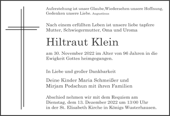 Traueranzeige von Hiltraut Klein von Märkischen Allgemeine Zeitung