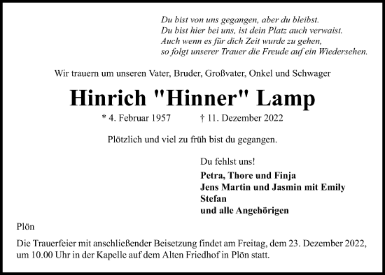 Traueranzeige von Hinrich  Lamp von Kieler Nachrichten