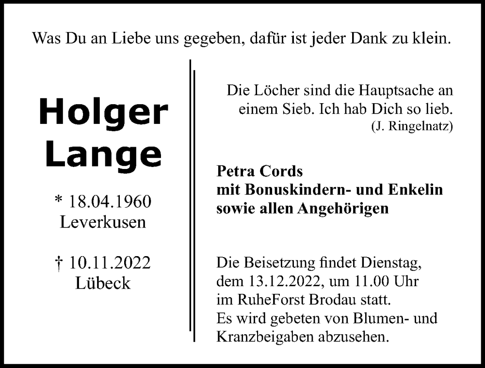  Traueranzeige für Holger Lange vom 11.12.2022 aus Lübecker Nachrichten