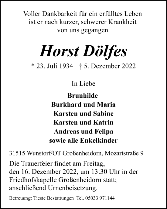 Traueranzeige von Horst Dölfes von Hannoversche Allgemeine Zeitung/Neue Presse