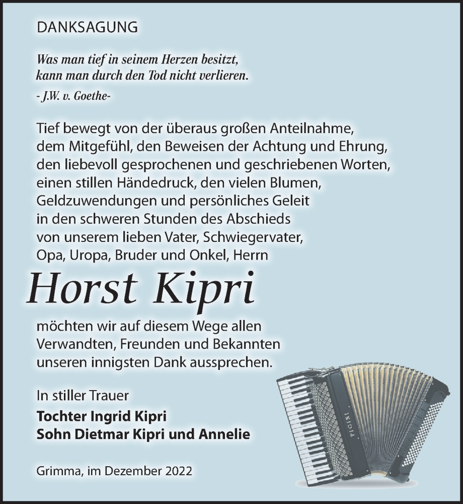  Traueranzeige für Horst Kipri vom 03.12.2022 aus Leipziger Volkszeitung