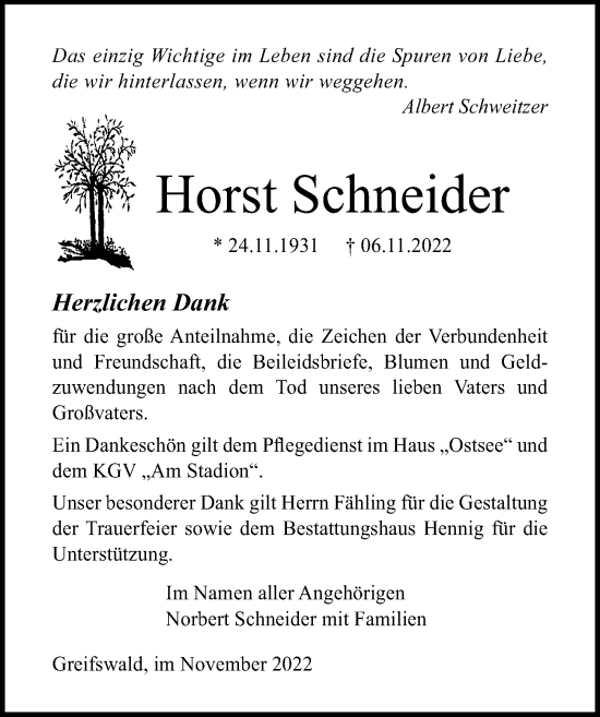 Traueranzeige von Horst Schneider von Ostsee-Zeitung GmbH