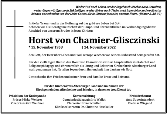 Traueranzeige von Horst von Chamier-Glisczinski von Leipziger Volkszeitung