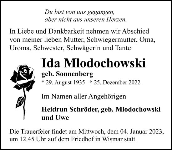 Traueranzeige von Ida Mlodochowski von Ostsee-Zeitung GmbH