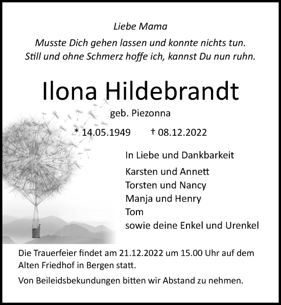 Traueranzeige von Ilona Hildebrandt von Ostsee-Zeitung GmbH