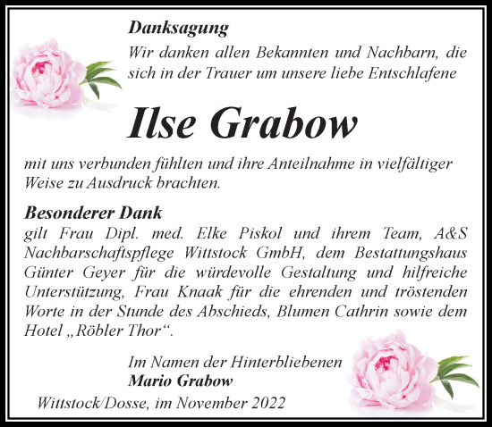 Traueranzeige von Ilse Grabow von Märkischen Allgemeine Zeitung