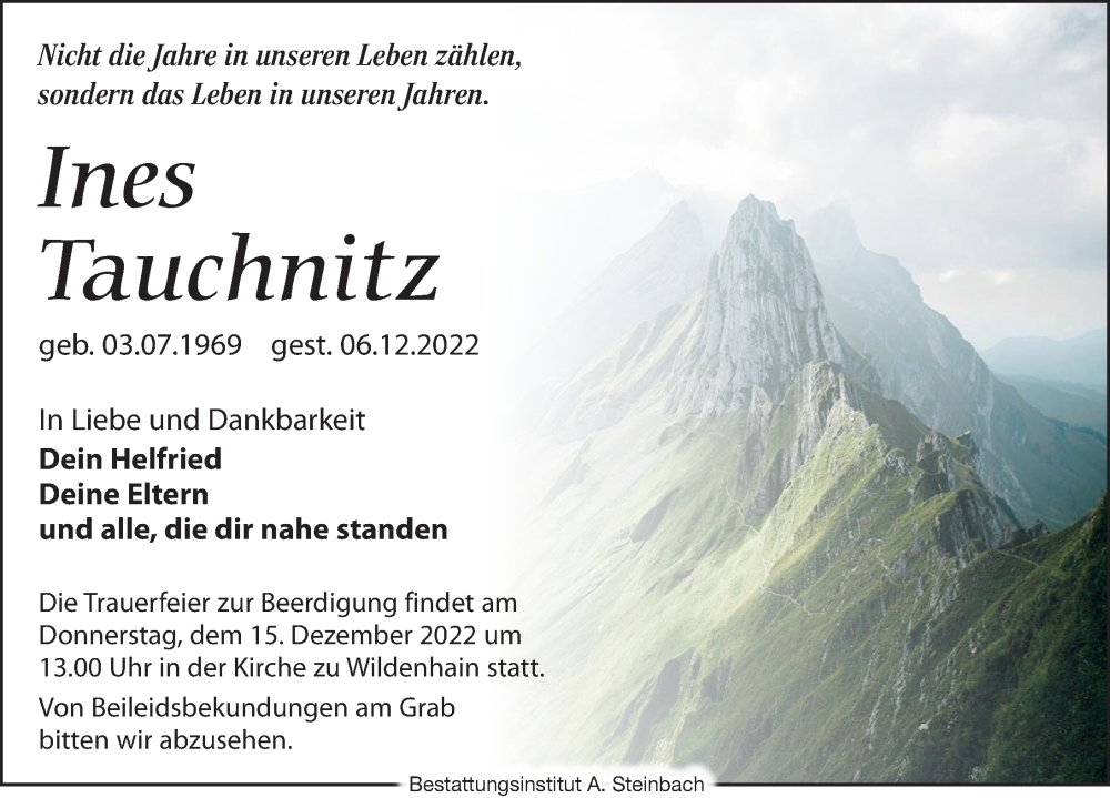  Traueranzeige für Ines Tauchnitz vom 10.12.2022 aus Leipziger Volkszeitung