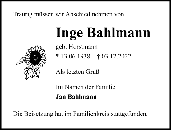 Traueranzeige von Inge Bahlmann von Lübecker Nachrichten