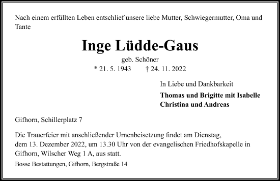 Traueranzeige von Inge Lüdde-Gaus von Aller Zeitung