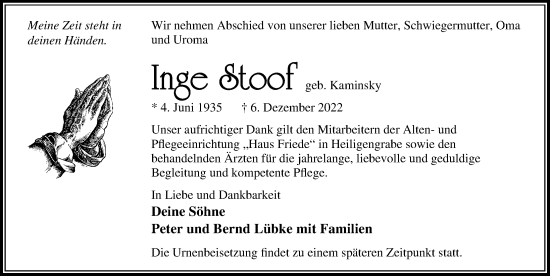 Traueranzeige von Inge Stoof von Märkischen Allgemeine Zeitung