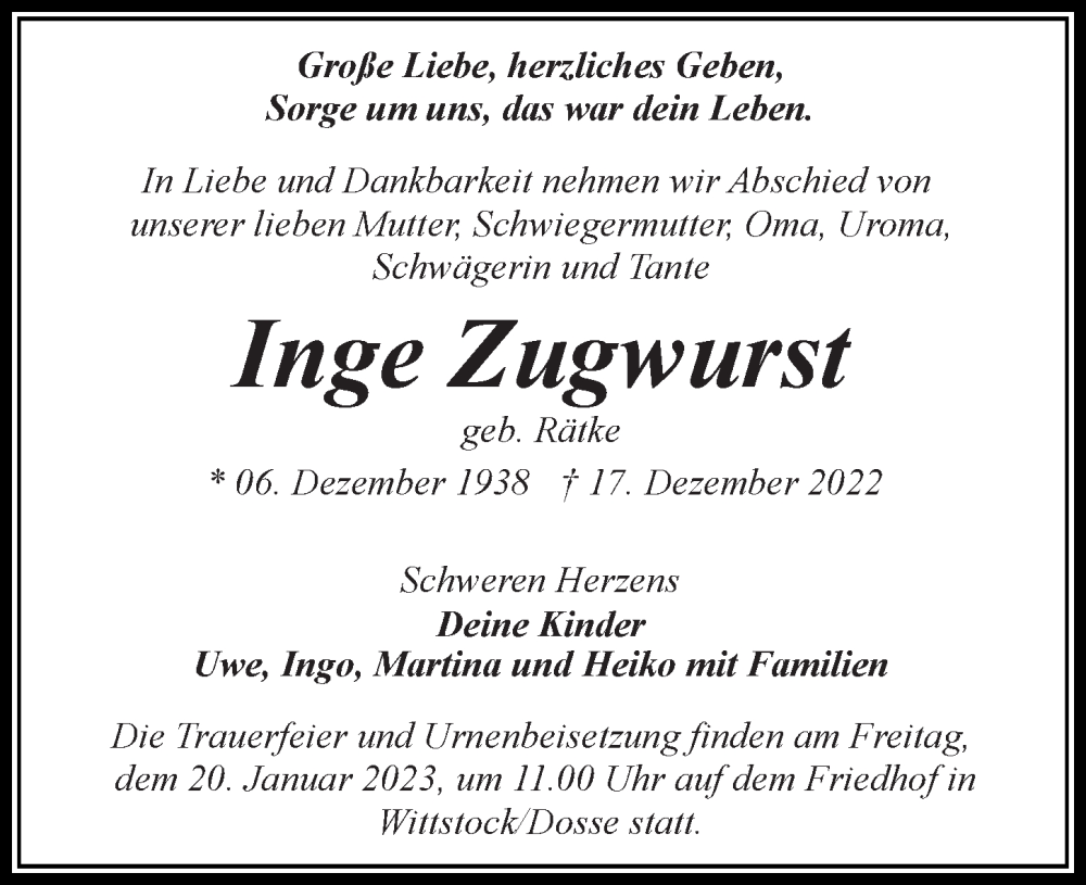  Traueranzeige für Inge Zugwurst vom 31.12.2022 aus Märkischen Allgemeine Zeitung