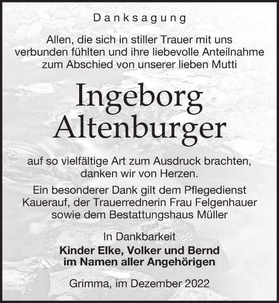Traueranzeige von Ingeborg Altenburger von Leipziger Volkszeitung