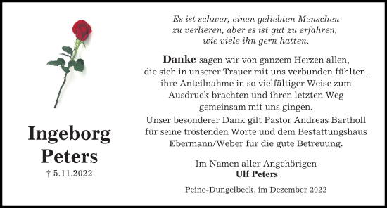 Traueranzeige von Ingeborg Peters von Peiner Allgemeine Zeitung