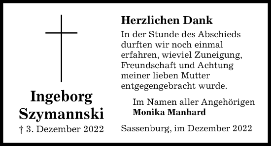 Traueranzeige von Ingeborg Szymannski von Aller Zeitung