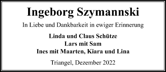 Traueranzeige von Ingeborg Szymannski von Aller Zeitung