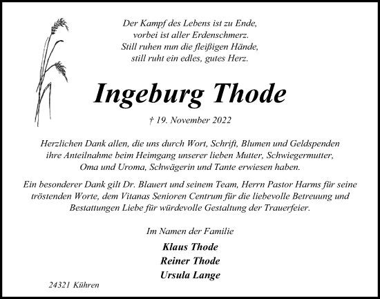 Traueranzeige von Ingeburg Thode von Kieler Nachrichten