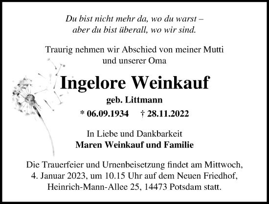 Traueranzeige von Ingelore Weinkauf von Märkischen Allgemeine Zeitung