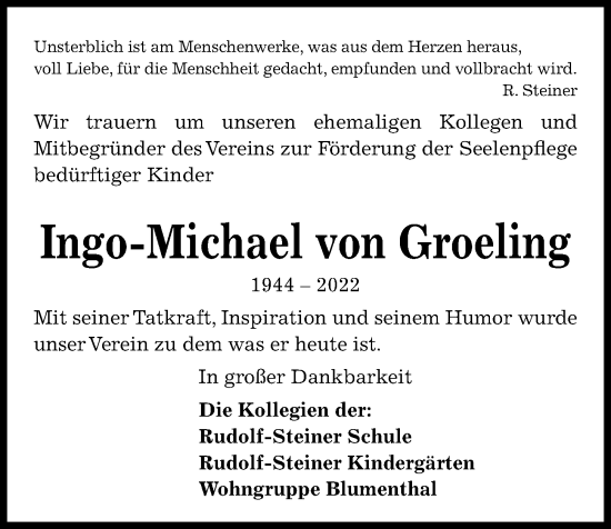 Traueranzeige von Ingo-Michael von Groeling von Kieler Nachrichten
