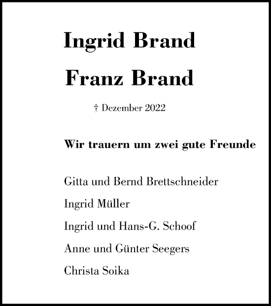 Traueranzeige von Ingrid Brand von Hannoversche Allgemeine Zeitung/Neue Presse