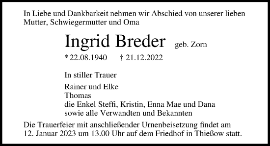 Traueranzeige von Ingrid Breder von Ostsee-Zeitung GmbH