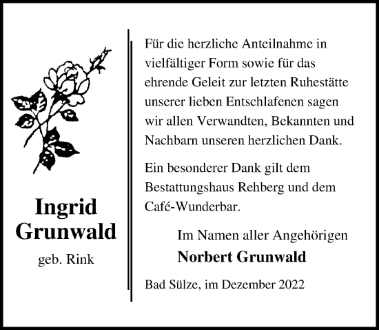 Traueranzeige von Ingrid Grunwald von Ostsee-Zeitung GmbH
