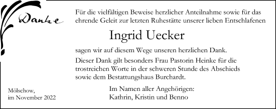 Traueranzeige von Ingrid Uecker von Ostsee-Zeitung GmbH