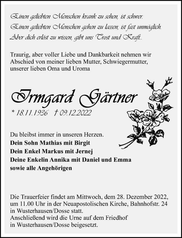  Traueranzeige für Irmgard Gärtner vom 17.12.2022 aus Märkischen Allgemeine Zeitung