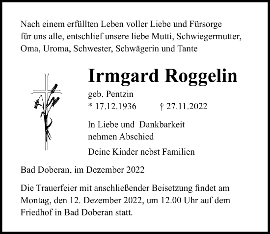 Traueranzeige von Irmgard Roggelin von Ostsee-Zeitung GmbH
