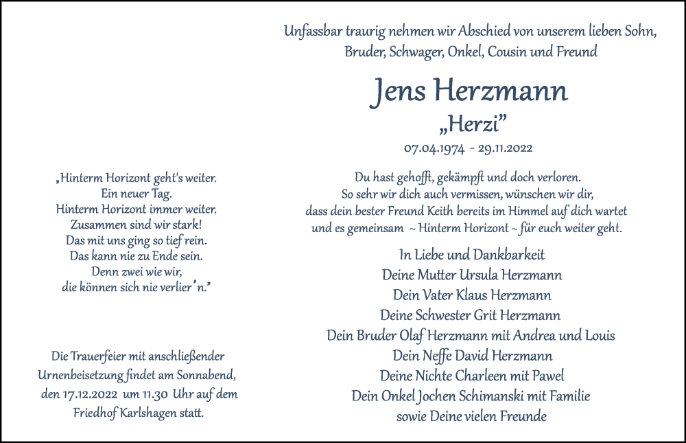  Traueranzeige für Jens Herzmann vom 03.12.2022 aus Ostsee-Zeitung GmbH