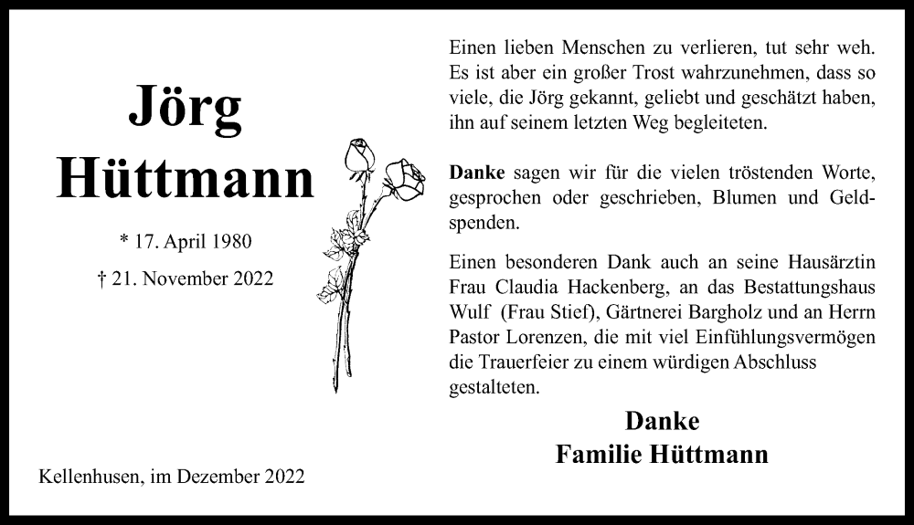  Traueranzeige für Jörg Hüttmann vom 21.12.2022 aus Lübecker Nachrichten