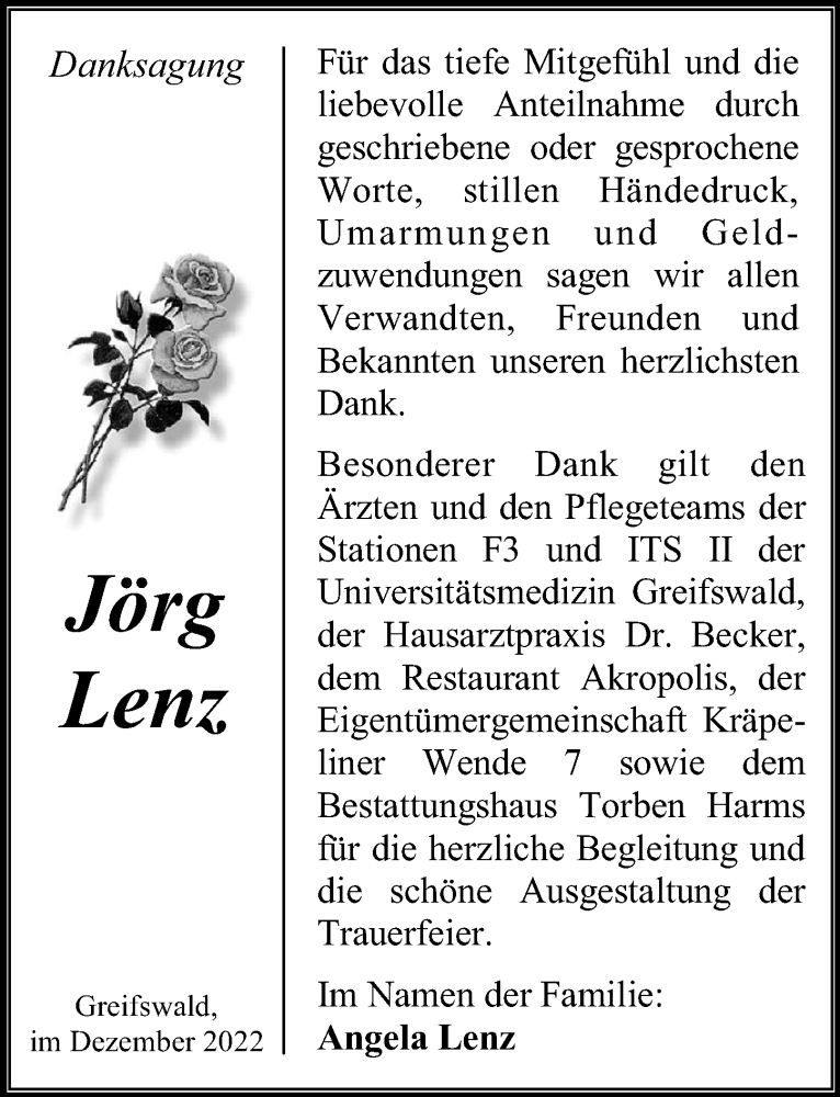  Traueranzeige für Jörg Lenz vom 31.12.2022 aus Ostsee-Zeitung GmbH