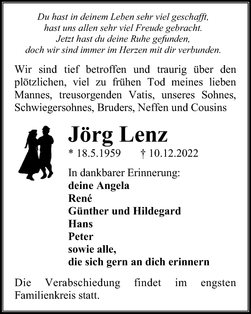  Traueranzeige für Jörg Lenz vom 17.12.2022 aus Ostsee-Zeitung GmbH