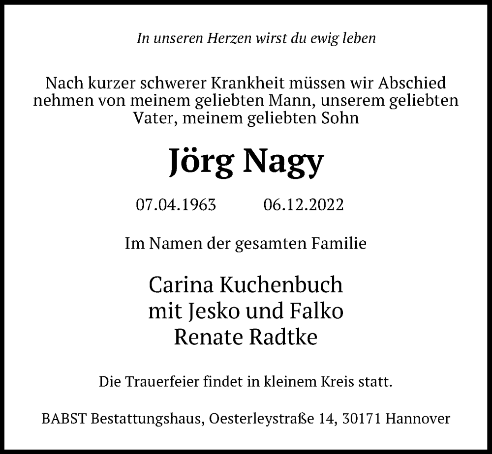  Traueranzeige für Jörg Nagy vom 17.12.2022 aus Hannoversche Allgemeine Zeitung/Neue Presse