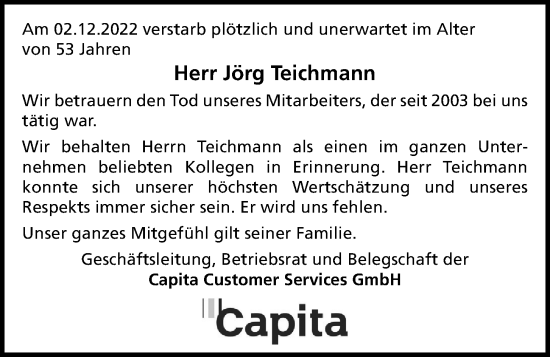 Traueranzeige von Jörg Teichmann von Kieler Nachrichten