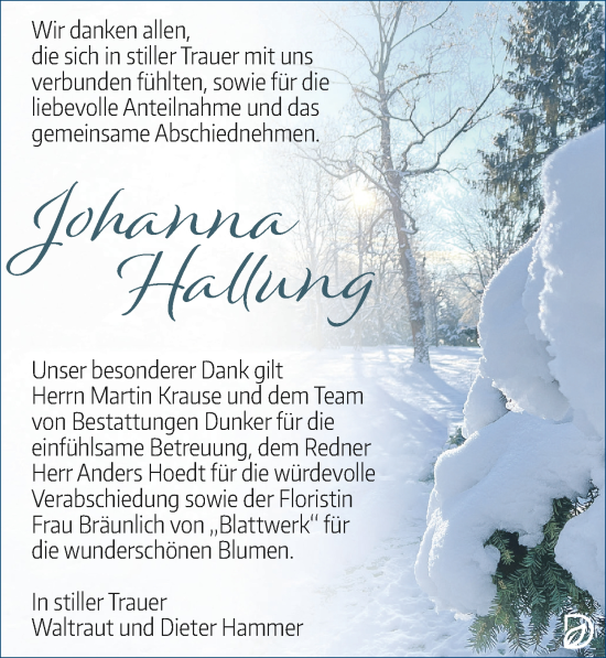 Traueranzeige von Johanna Hallung von Leipziger Volkszeitung