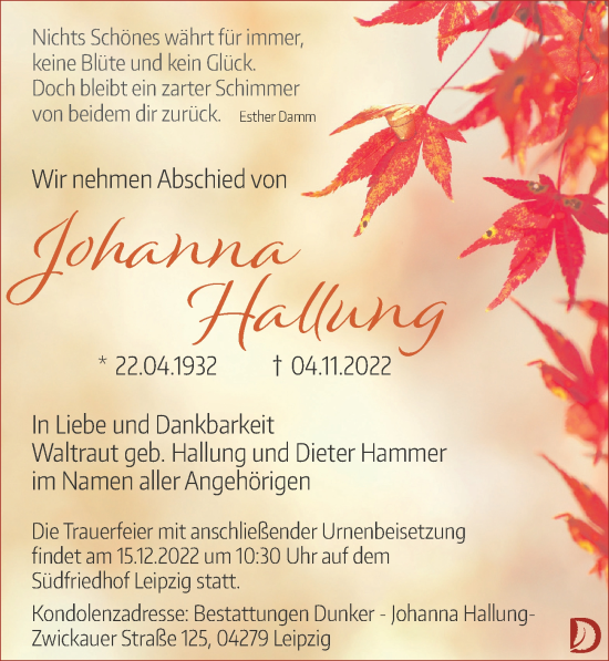 Traueranzeige von Johanna Hallung von Leipziger Volkszeitung