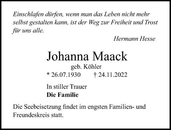 Traueranzeige von Johanna Maack von Lübecker Nachrichten