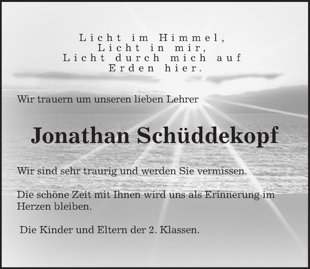  Traueranzeige für Jonathan Schüddekopf vom 17.12.2022 aus Hannoversche Allgemeine Zeitung/Neue Presse