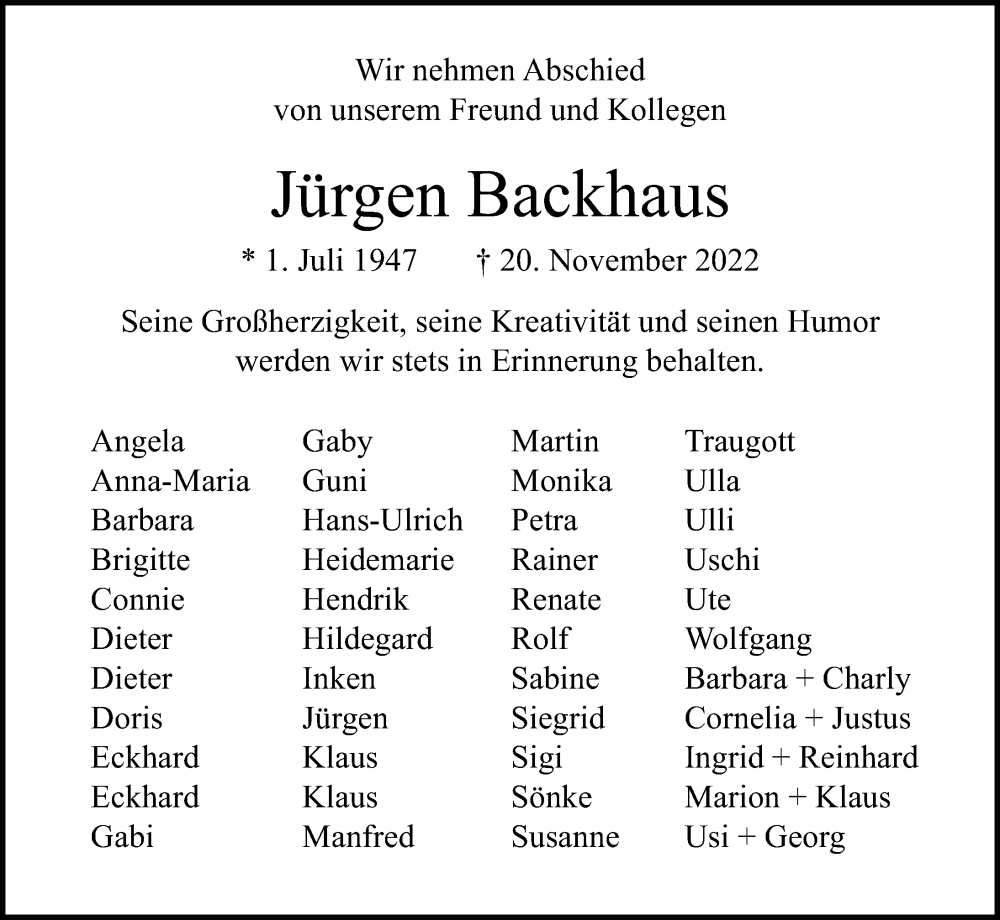  Traueranzeige für Jürgen Backhaus vom 04.12.2022 aus Lübecker Nachrichten