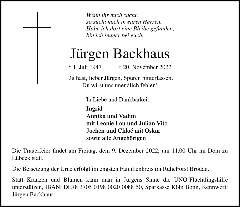  Traueranzeige für Jürgen Backhaus vom 04.12.2022 aus Lübecker Nachrichten