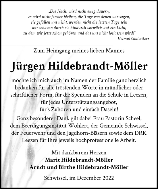 Traueranzeige von Jürgen Hildebrandt-Möller von Kieler Nachrichten