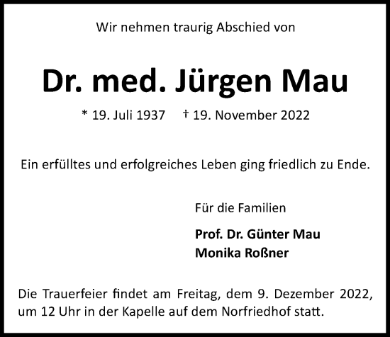 Traueranzeige von Jürgen Mau von Kieler Nachrichten