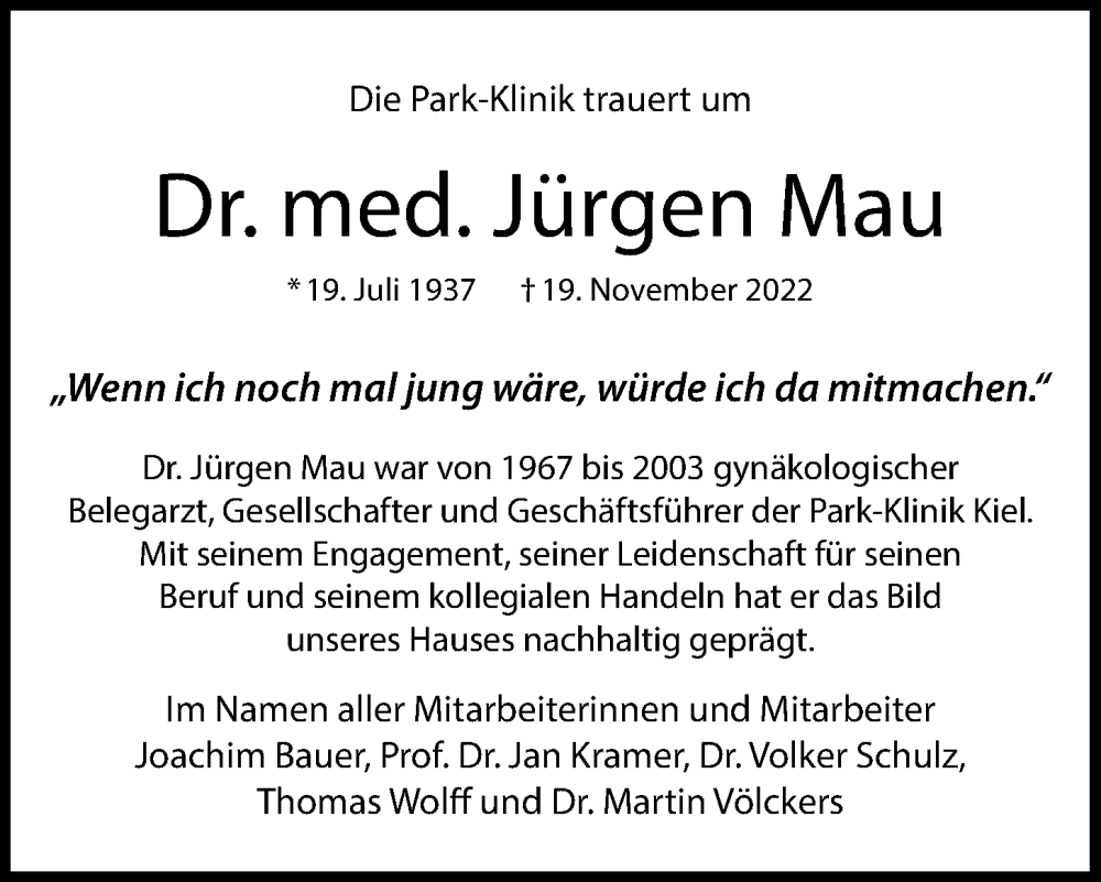  Traueranzeige für Jürgen Mau vom 03.12.2022 aus Kieler Nachrichten